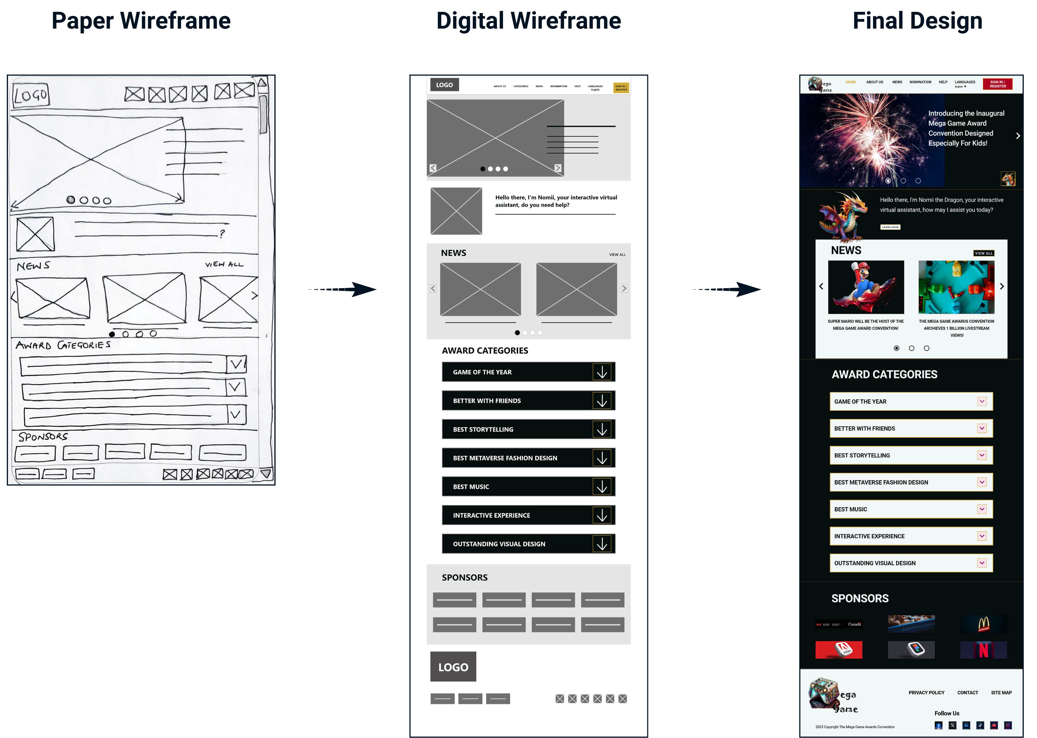 photo of the paper and digital wireframe and final design